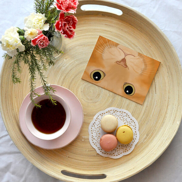 A card featuring a cartoon picture of a close up ginger cat. The card is on a light coloured wooden tray with a cup of tea, macarons and a vase of flowers.