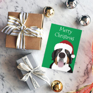 Berner Santa card surrounded by Christmas gifts and baubles