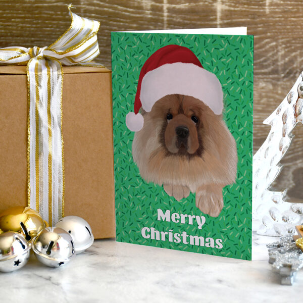 Chow Chow Christmas card surrounded by Christmas ornaments