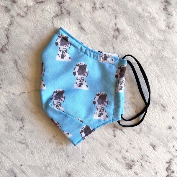reusable face mask printed with a Dalmatian and light blue background