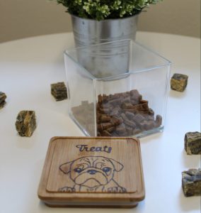 Wood lid treat box with cute pug cartoon burned on
